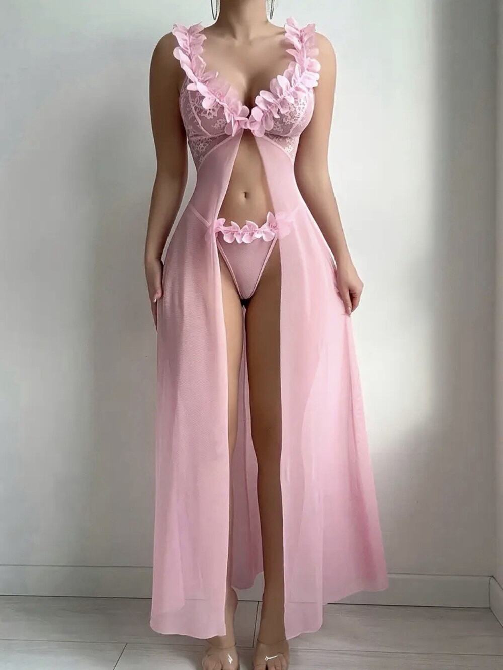 Sexy Two Piece Love Pajamas Temptation Open Fork see-Through Large, New